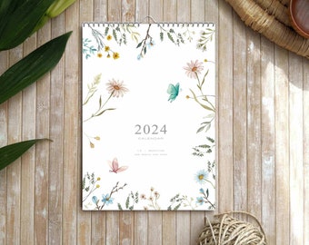 Wall calendar 2024, Planner 2024, 2024 Calendar, Holiday gif for her, floral calendar 2024 new year gift, 2024 botanical calendar.