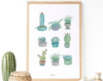 Cactus y Suculentas : Cactus ilustración | ilustración botánica | Cactus decoración de pared | Suculenta ilustración | pintura cactus.