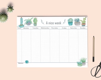 Planificador semanal descargable, diseño pintado con acuarelas, calendario semanal PDF.  Planificador Cactus.  Descarga instantánea