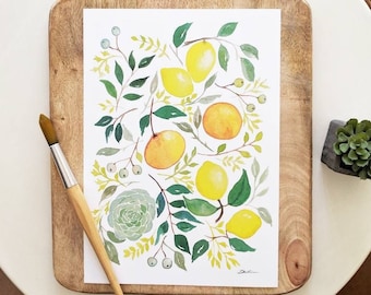 Lemon Illustracion: Lemon print , fall rustic decor , kitchen decor idea, yellow kitchen decor,  housewarming gift, lemon watercolour print