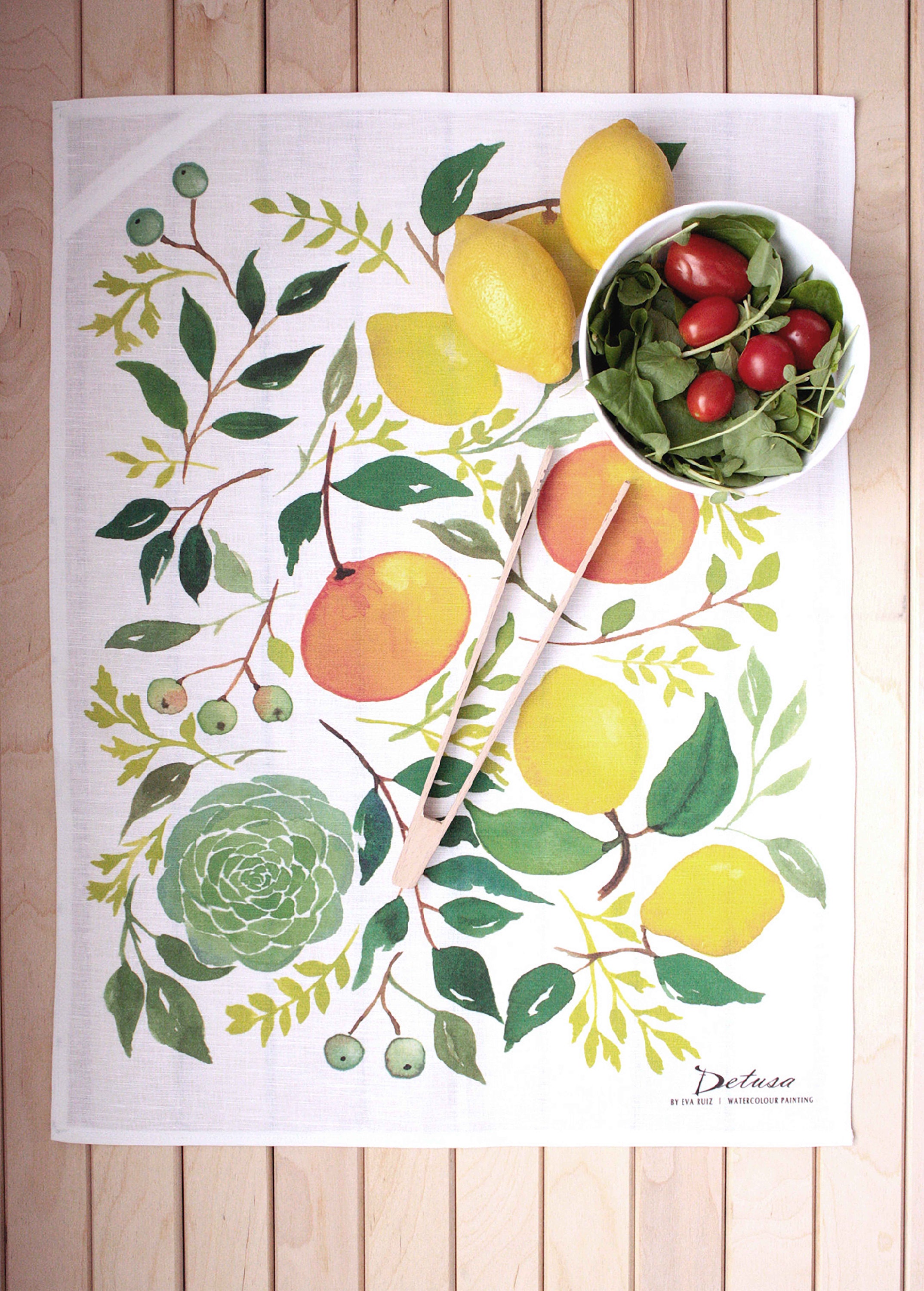 Toile, Peinture à L'aquarelle, Tissu de Cuisine, Toile Lin, Encadrer, Décoration Table, Citrons, Cui