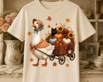 Maglietta con oca da portico e carretto di zucche, maglietta vintage autunnale con oca, maglietta autunnale con oca, maglietta cottagecore, maglietta grannycore stile fattoria per il raccolto
