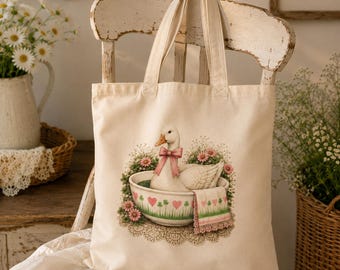 Borsa tote Pyrex Lucky in Love con oca, borsa da mercato vintage per la cucina, regalo Grannycore, borsa tote Cottagecore per amanti dell'antiquariato, stile rustico, oca, Pyrex,