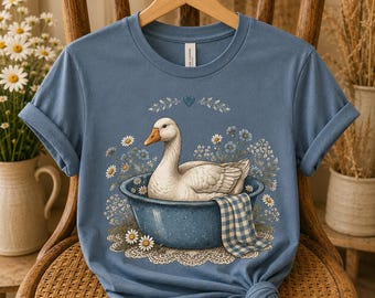 Maglietta vintage con oca, maglietta stile cottagecore/farmhouse, maglietta stile grannycore con bacinella per anatre, maglietta con grafica accogliente da cucina country, regalo Bella Canvas