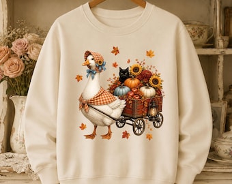 Felpa vintage autunnale con oca, maglietta con oca da veranda, girocollo autunnale, stile cottagecore grannycore farmhouse pullover accogliente regalo zucca oca