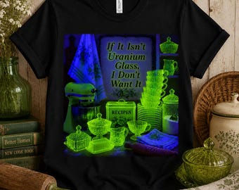 Maglietta in vetro all'uranio, maglietta da collezionista in vetro all'uranio, maglietta vintage in vetro Depressione, regalo in vetro verde fosforescente, maglietta in vetro reattivo alla luce nera