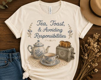 Maglietta "Tè, toast e evitare le responsabilità", maglietta Grannycore, maglietta Cottagecore per amanti del tè, maglietta grafica in stile vintage ricamata, regalo floreale