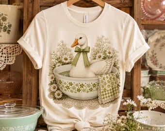 Maglietta vintage con ciotola per oche, maglietta Pyrex, maglietta cottagecore con anatra, maglietta da cucina grannycore, maglietta floreale con margherite primaverili, regalo in stile rustico retrò