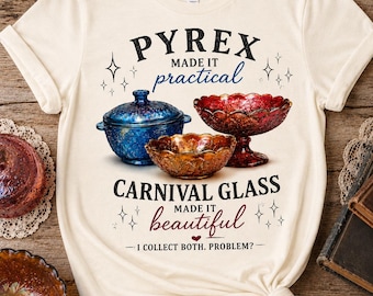 Maglietta Pyrex e Carnival Glass, maglietta da collezionista di vetro vintage, regalo per gli amanti del vetro Depression Glass, maglietta Grannycore, maglietta Bella Canvas 3001 Cottagecore