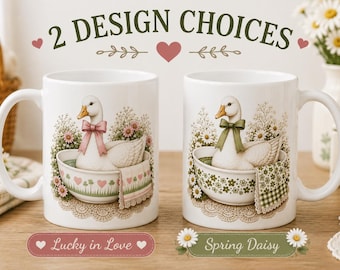 Pyrex Inspired Goose Mug, Spring Blossom Crazy Daisy, Lucky in Love Mug, Vintage Kitchen Coffee Cup, Grannycore Cottagecore Gift, 11oz 15oz