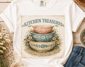 Maglietta Vintage Kitchen Treasures, Maglietta retrò con ciotola per mescolare, Maglietta da cucina cottagecore, Maglietta da forno in stile rustico, Maglietta vintage grannycore, Regalo