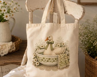 Borsa con fiori primaverili, Borsa tote Pyrex Crazy Daisy con oca, Borsa da mercato vintage per la cucina, Regalo Grannycore, Borsa tote Cottagecore, Borsa tote vintage, Borsa con oca