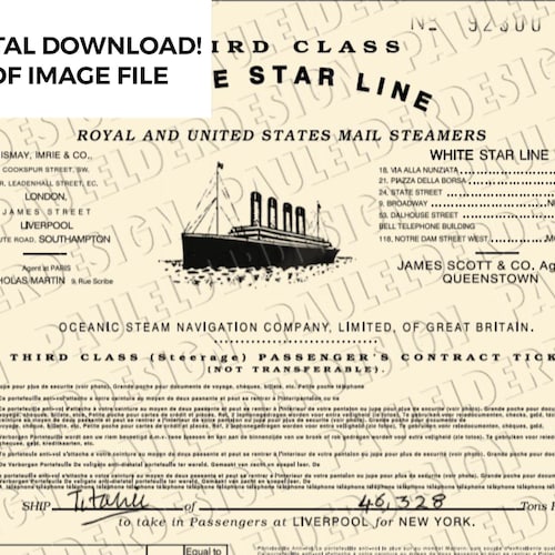 Titanic Third Class Boarding Ticket Prop Replica PDF Etsy