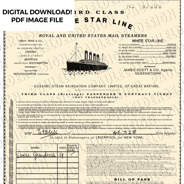 Boleto de embarque de tercera clase del Titanic, réplica de utilería, PDF, vector, descarga digital