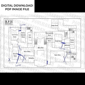May include: A black and white line drawing of a police station floor plan. The plan includes rooms such as the interrogation room, observation room, press room, break room, bathroom, records room, west office, reception, main hall, and east office. The plan also includes a safety deposit room, a dark room, and a watchman's room fire escape. The plan is labeled "R.P.D. Police station".
