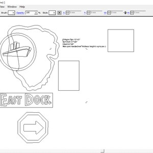 May include: A black and white line drawing of a ship in a circle, with the text "EAST DOCK" below it. There is also a black and white line drawing of a stop sign with an arrow pointing to the right.