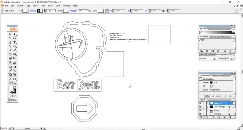 May include: A black and white line drawing of a ship in a circle, with the text "EAST DOCK" below it. There is also a black and white line drawing of a stop sign with an arrow pointing to the right.