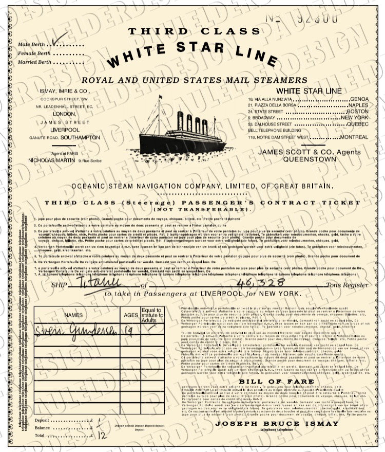 Titanic Third Class Boarding Ticket, Prop Replica, PDF