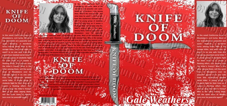 May include: A book cover with a red background and a knife on the front. The title of the book is "Knife of Doom" and the author is Gale Weathers.