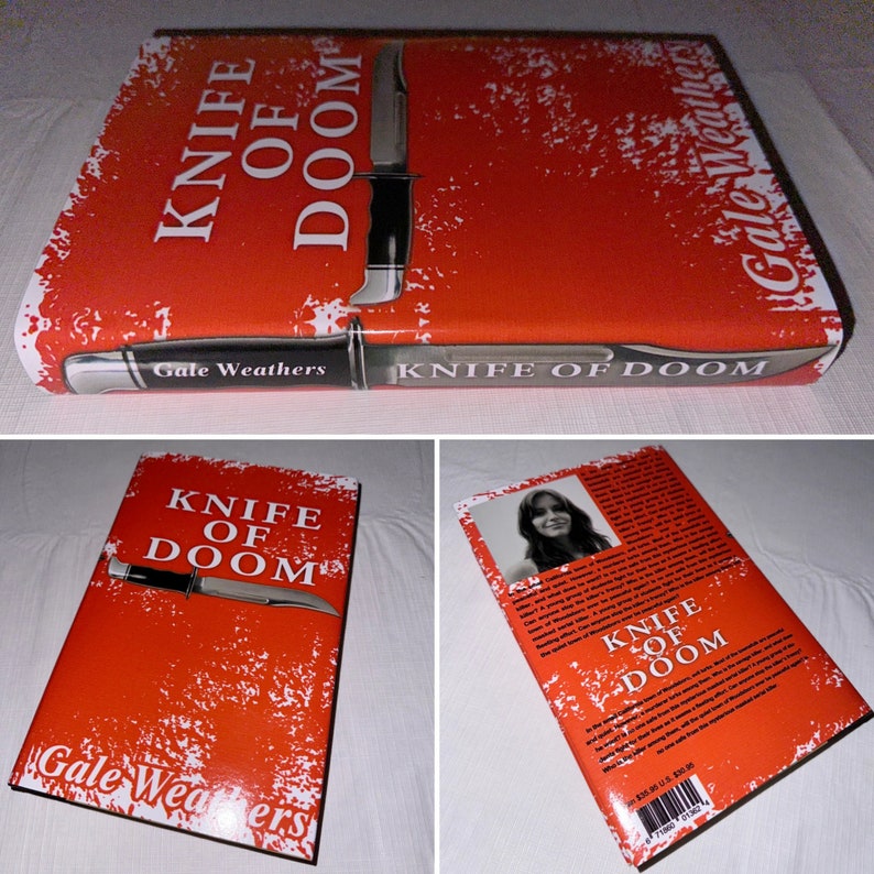 May include: A red paperback book with a white distressed background. The book cover features a knife and the title "Knife of Doom" in white text. The author's name, "Gale Weathers", is printed in white text at the bottom of the cover.