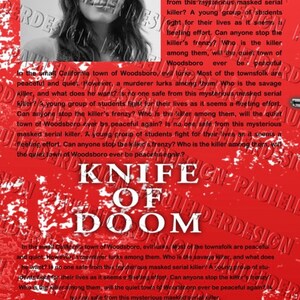 May include: A red and white book cover with the title "Knife of Doom" in large white letters. The cover features a woman with long dark hair and a mysterious masked figure. The text on the cover describes a small town where a masked serial killer is terrorizing the residents.