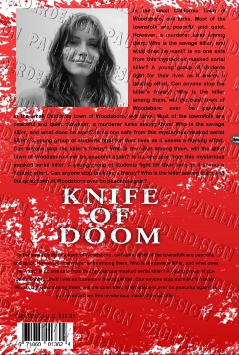 May include: A red and white book cover with the title "Knife of Doom" in large white letters. The cover features a woman with long dark hair and a mysterious masked figure. The text on the cover describes a small town where a masked serial killer is terrorizing the residents.