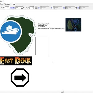 May include: A digital illustration of a green island with a blue circle containing a white ship. The text "East Dock" is written in orange and yellow letters below the island. A black and white arrow pointing to the right is below the text.