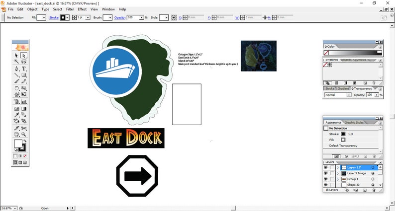 May include: A digital illustration of a green island with a blue circle containing a white ship. The text "East Dock" is written in orange and yellow letters below the island. A black and white arrow pointing to the right is below the text.