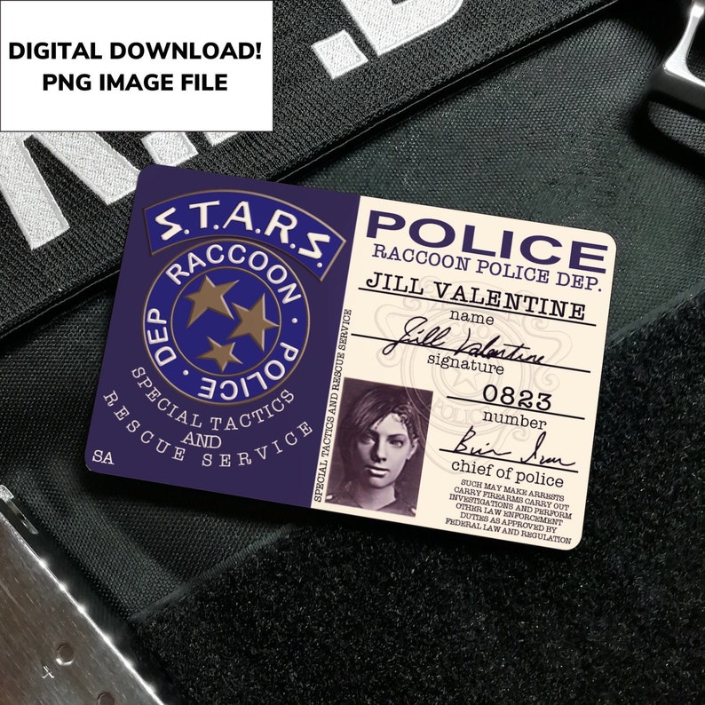 May include: A blue and gold S.T.A.R.S. badge with the words "Special Tactics and Rescue Service" and "Raccoon Police Dep."  A white card with the text "Police Raccoon Police Dep. Jill Valentine" and a signature. The card also has a photo of a woman with brown hair and a blue shirt.