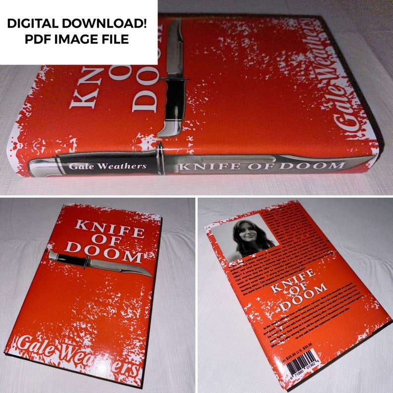 May include: A red book cover with a white distressed background. The title "Knife of Doom" is printed in white with a black knife image. The author's name "Gale Weathers" is printed in white below the knife image.
