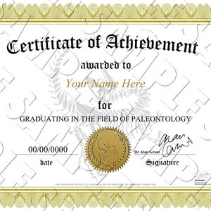 Jurassic Park, Dr Alan Grant, Paleontology, Degree, Certificate, Customizable, PDF, Digital Download