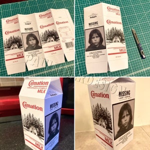 May include: Four cardboard milk cartons with a missing child poster on the front. The cartons are labeled Carnation Milk and Potlatch. The poster says "Missing" and has a photo of a young girl with blonde hair. The text on the poster says "If you have any information, please contact the Santa Clara County Sheriff's Department."