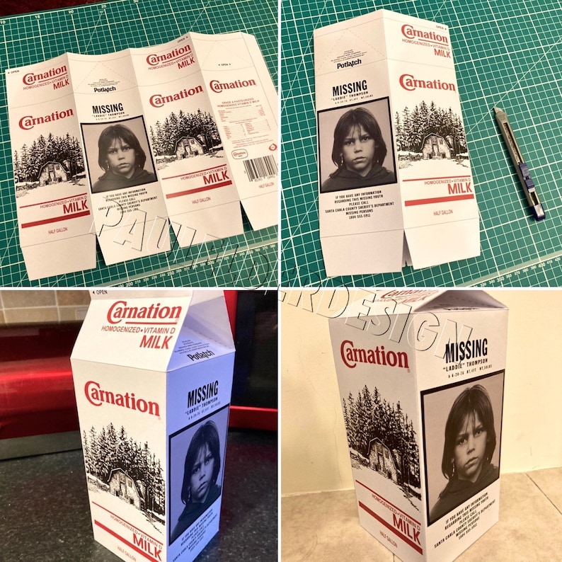 May include: Four cardboard milk cartons with a missing child poster on the front. The cartons are labeled Carnation Milk and Potlatch. The poster says "Missing" and has a photo of a young girl with blonde hair. The text on the poster says "If you have any information, please contact the Santa Clara County Sheriff's Department."