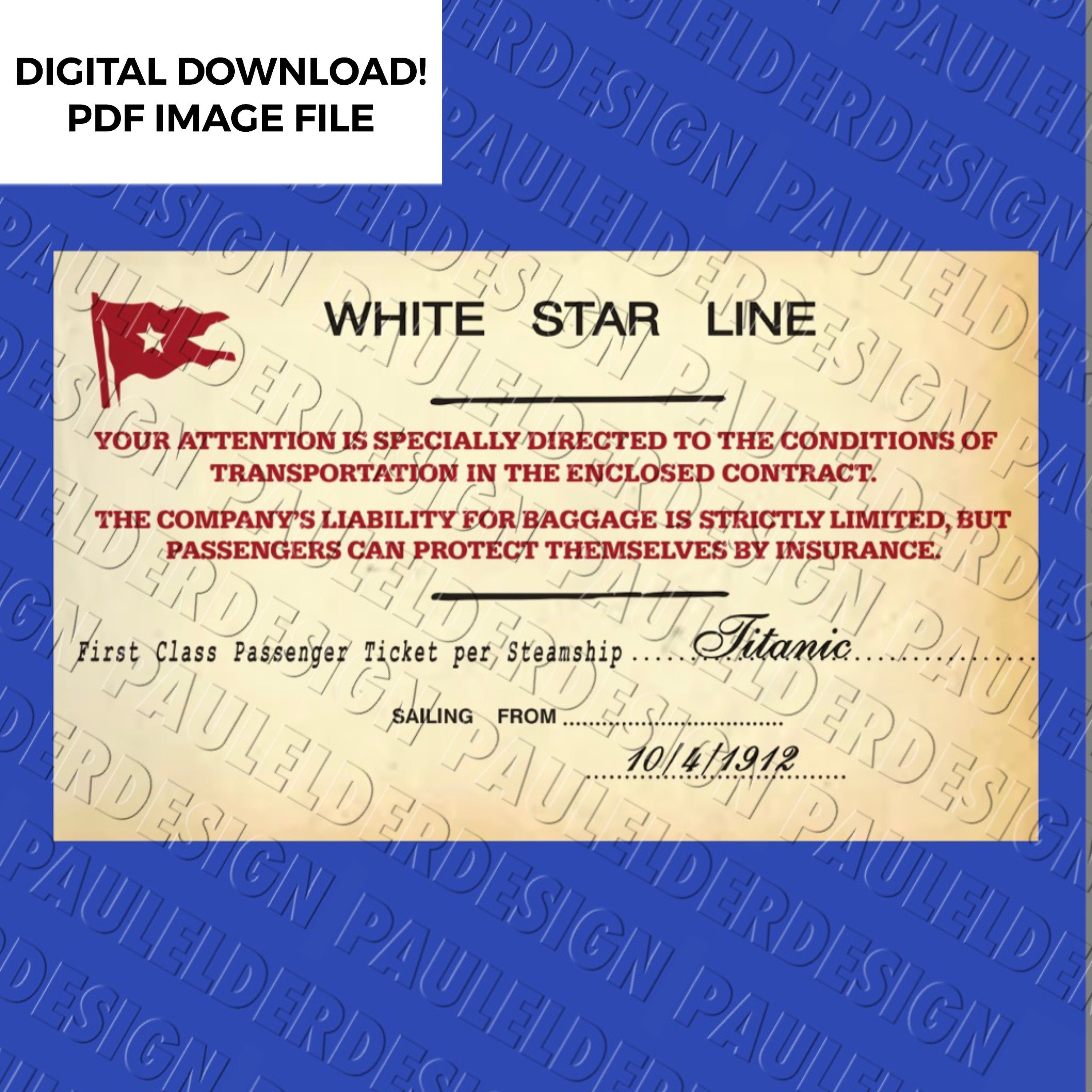 Titanic, First Class Ticket, Boarding Pass, Replica Prop
