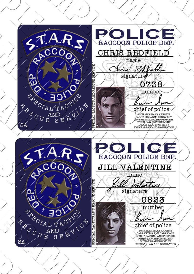 May include: Two blue and gold police badges with the text "S.T.A.R.S. Raccoon Police Dept. Special Tactics And Rescue Service" and the names "Chris Redfield" and "Jill Valentine".