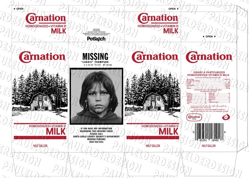 May include: A vintage Carnation milk carton with a missing child poster on the side. The poster features a black and white photo of a young boy with the text "MISSING" and "LADDIE THOMPSON". The carton is white with red text and a red logo. The carton is half a gallon and contains homogenized vitamin D milk.
