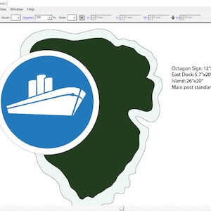May include: A digital illustration of a green island with a blue circle containing a white silhouette of a ship. The text "Octagon Sign: 12"x12"", "East Dock: 5.7"x20"", "Island: 26"x20"", "Main post standard 4x4 th" is visible.