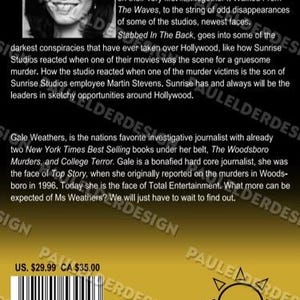 May include: Book cover for "Stabbed In The Back" featuring a black and white photo of a woman. The book's title and description are in white text on a black background. The cover has a yellow and brown gradient.
