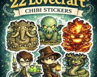 22 Lovecraft Chibi Stickers PNG Bundle, Printable Digital Stickers, Transparent Background, Cricut Cut Files, Cosmic Horror Clipart