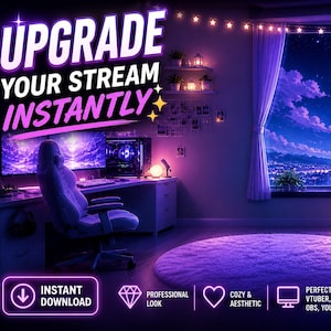 Puede incluir: Ilustración digital de una configuración de transmisión en una habitación morada. La imagen presenta un escritorio con dos monitores, una ventana con vista al cielo nocturno y el texto "UPGRADE YOUR STREAM INSTANTLY".