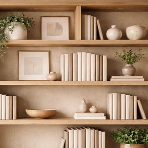 May include: A wooden bookshelf filled with decorative items. The shelves display stacks of books, vases, framed art, and plants. The color palette is neutral, with beige and cream tones, creating a calming and organized aesthetic.