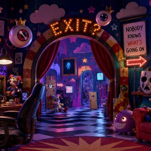 May include: A room with a black and white chequered floor, a red star-patterned rug, and a large archway illuminated by a sign reading EXIT?. The space features a desk, a black office chair, colourful jester dolls, a purple creature, and wall signs with text including NOBODY KNOWS WHAT'S GOING ON and help.