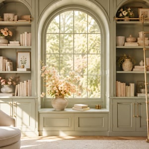Hintergrund „Bibliothek in Salbeigrün“ für Zoom, virtuelles Büro im Cottagecore-Stil, Homeoffice-Hintergrund im Coquette-Stil, Teams-Meet-Hintergrund, digitaler Download