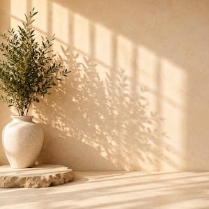 Puede incluir: Un jarrón de cerámica beige con ramas verdes frondosas descansa sobre un pedestal de piedra. El fondo es una pared beige con sombras de ventana, creando una estética cálida y natural. La escena evoca una sensación de calma y diseño minimalista.