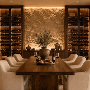 May include: A long wooden dining table with six cream-colored upholstered chairs, a large central ceramic vase with greenery, a wine bottle, two wine glasses, and a serving tray. Two tall, illuminated glass wine cabinets flank a textured stone wall.