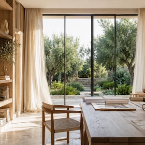May include: A wooden desk with rolled paper documents sits in a room with a wooden chair featuring a woven seat. Large floor-to-ceiling windows with cream-colored curtains look out onto a garden with green trees and a stone wall.