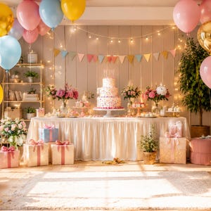 Puede incluir: Un pastel de cumpleaños de tres niveles con chispas de colores sobre una mesa cubierta con un mantel blanco, rodeado de globos rosas, azules, amarillos y dorados, luces, una guirnalda de banderines, arreglos florales y cajas de regalo.
