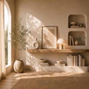 May include: A beige interior space featuring a tall potted plant, a framed abstract print, a mushroom-shaped table lamp, and built-in wall niches containing books, bowls, and decorative items arranged on a wooden shelf and lower ledge.