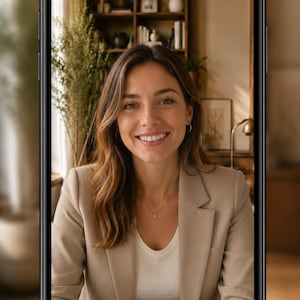 Pu&ograve; includere: Uno schermo di smartphone che mostra un'interfaccia di videochiamata con una persona sorridente che indossa un blazer beige sopra un top bianco. L'interfaccia include un'icona della fotocamera, un microfono, un menu a tre punti e un'icona rossa.