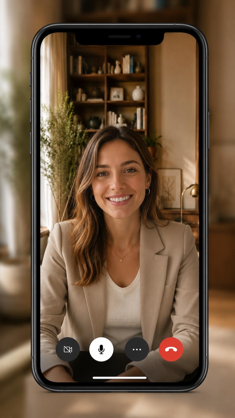 Pu&ograve; includere: Uno schermo di smartphone che mostra un'interfaccia di videochiamata con una persona sorridente che indossa un blazer beige sopra un top bianco. L'interfaccia include un'icona della fotocamera, un microfono, un menu a tre punti e un'icona rossa.
